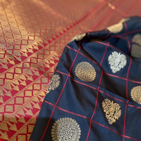 Black with red check Indian traditional soft silk saree for women - Picture 13 of 16